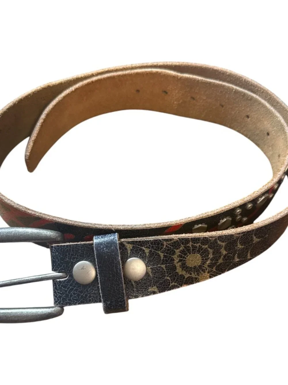 2 Vintage ED HARDY Belts Black & White Studded Tattooed Leather Skull Heart 34